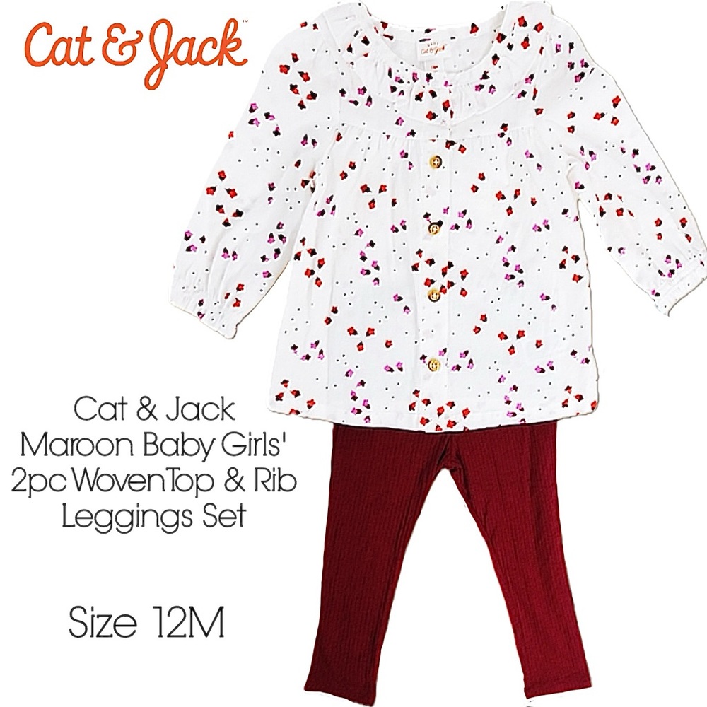 Cat & Jack Maroon Baby Girls' 2pc Woven Top & Rib Leggings Set